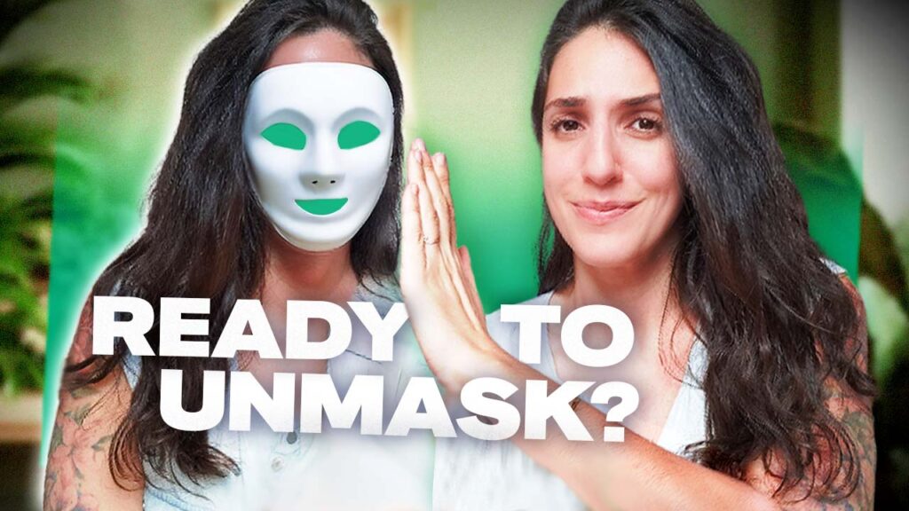 A woman wears the mask of expectations and her other self wants to take it off